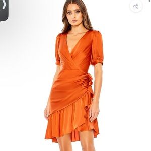 Mac Duggal Orange Fit and Flare Dress with Puff Sleeves